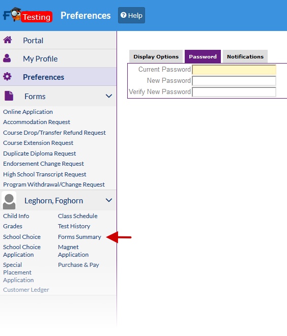 Parent Portal, Forms Summary Link Location