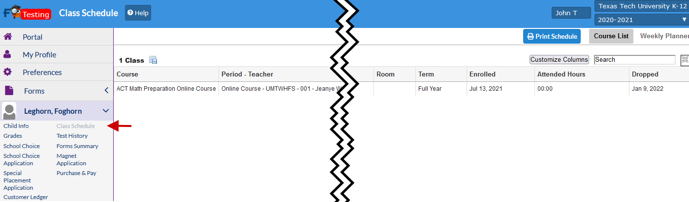 Parent Portal, Student's Schedule