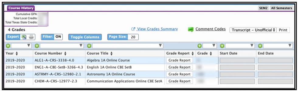 Parent Portal, Course History