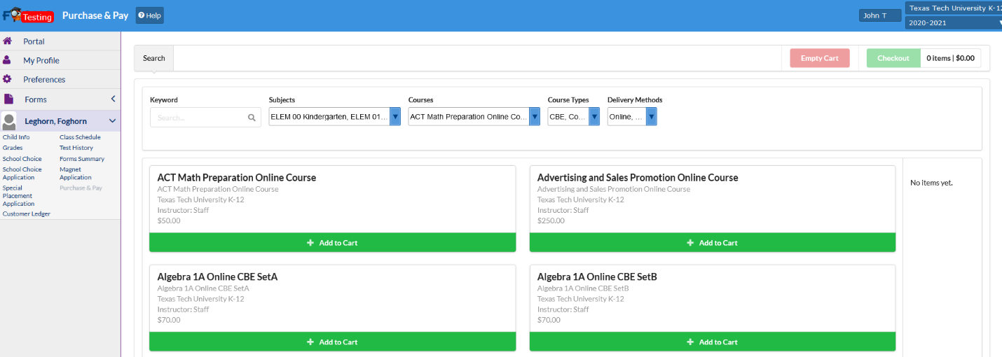 Parent Portal, Course Shopping Cart