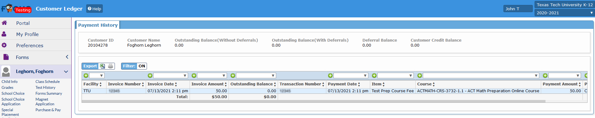Parent Portal, Student Payment Information