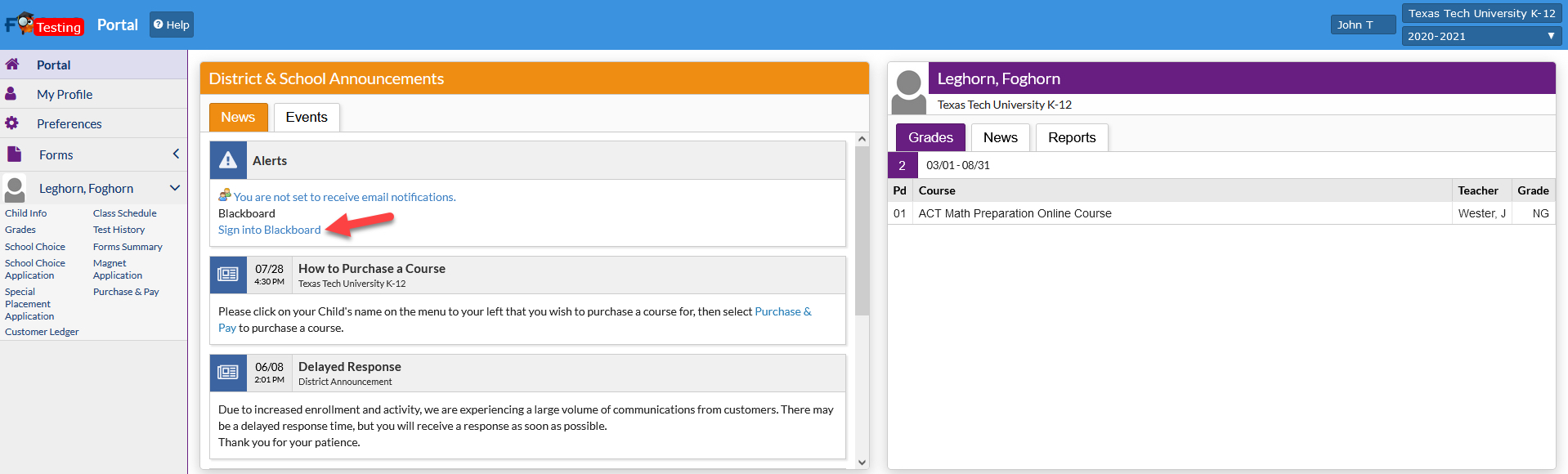 Parent Portal, Blackboard Link Location