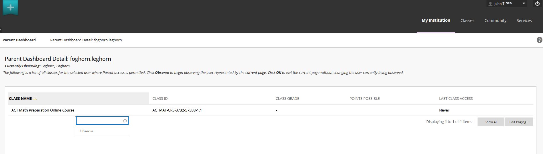 Blackboard Student Course Listing Dropdown