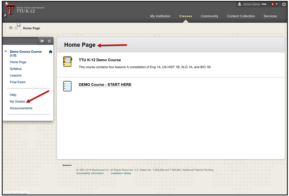 Blackboard "My Grades" Link Location
