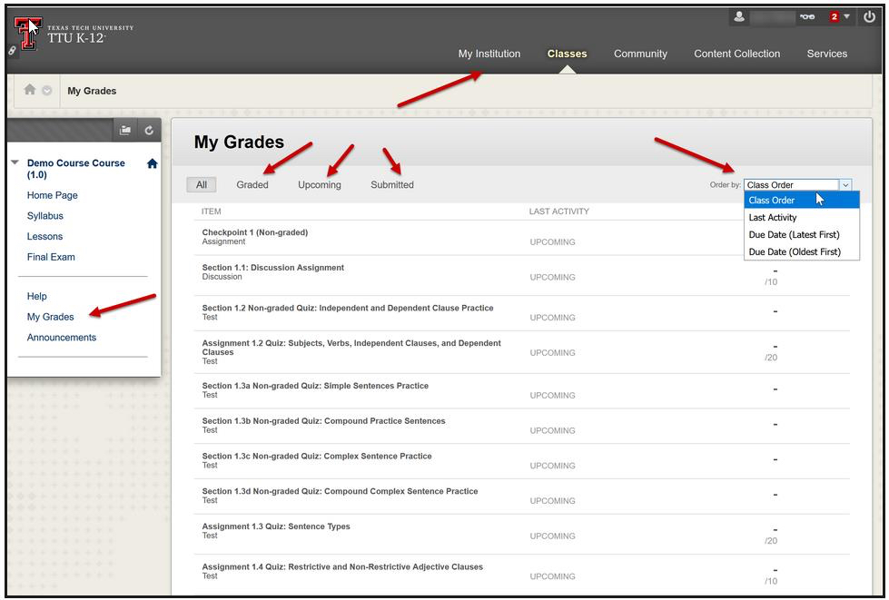 Blackboard "My Grades" Page Overview