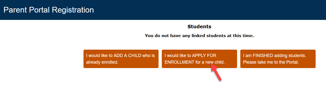 Parent Portal Registration, "I would like to apply for enrollment for a new child." Button Location
