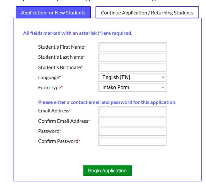 Page one of the application indicates which required fields are required to submit the information for the student.