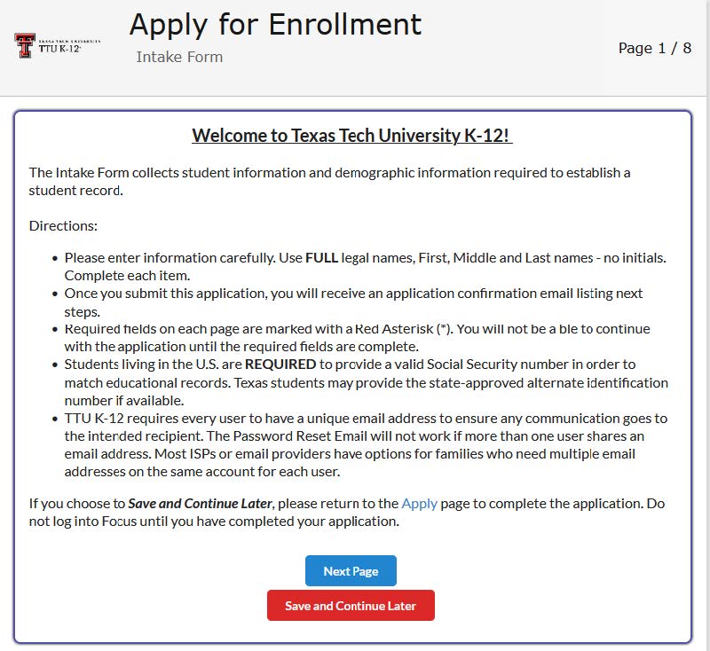 Page one of the application indicates which required fields are required to submit the information for the student.