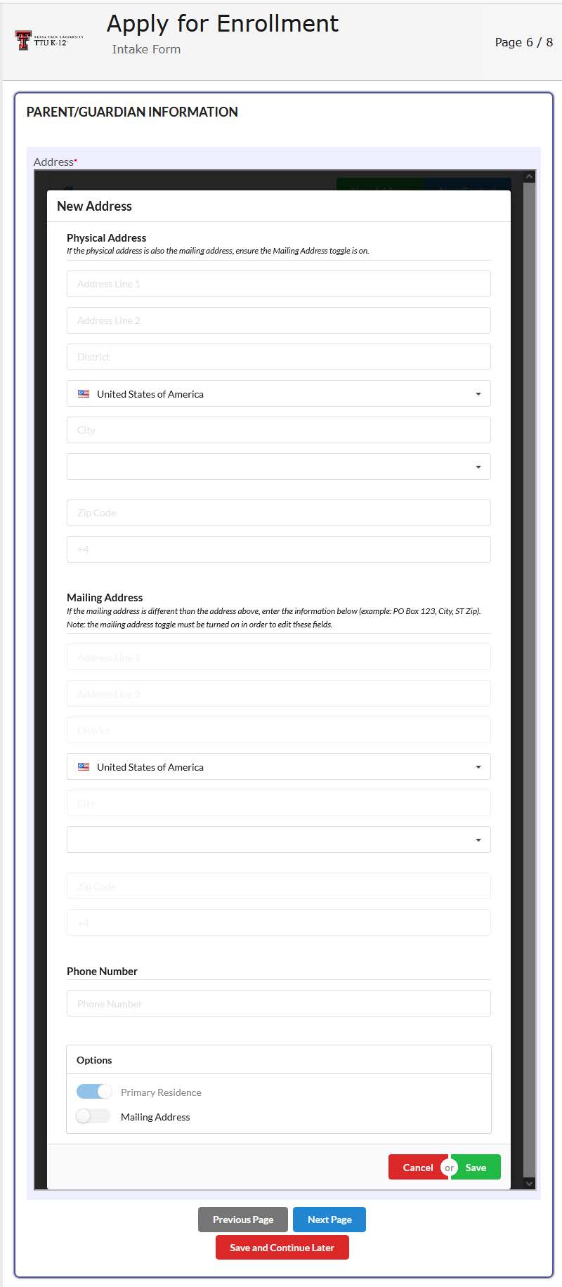 Page 6 asks about the mailing address information for the parent/guardian.