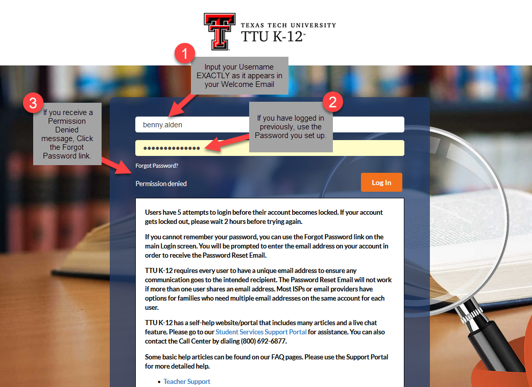 Forgot Password TTU K‑12 login screen showing Username and Password fields, a "Forgot Password?" link, a Log In button, and a boxed note about account lockout with password reset and support contact information