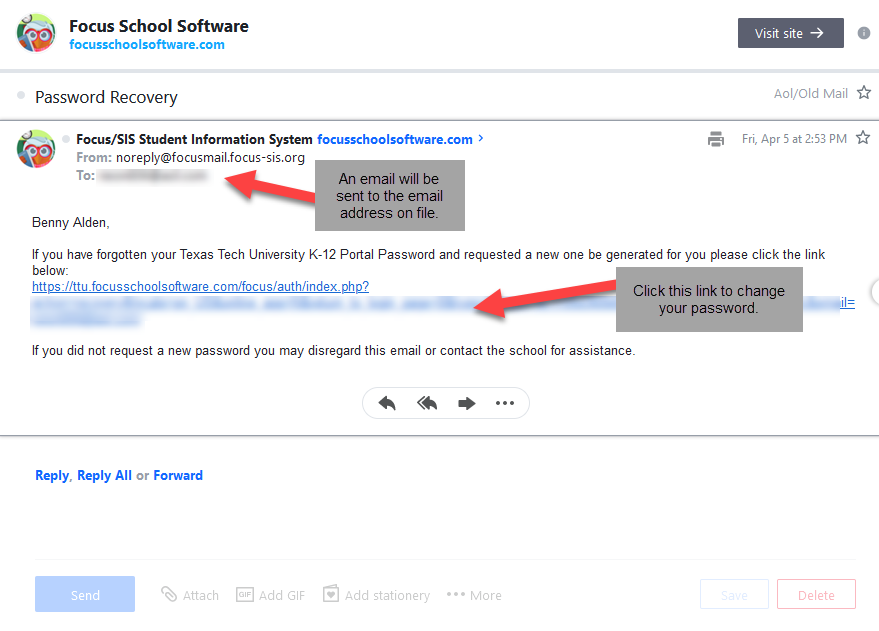 email Example email with simulated text to help identify required information and reset links.
