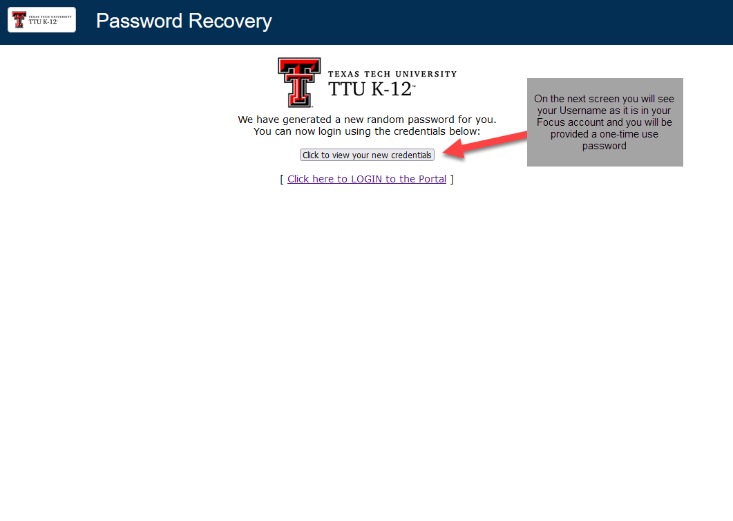 new Password Recovery page with link to enter new random generated password.