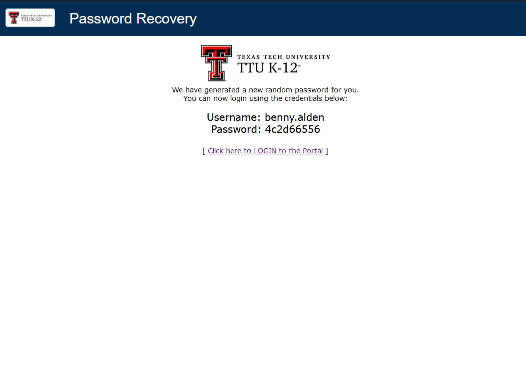 new Password Recovery page showing the new temporary password.