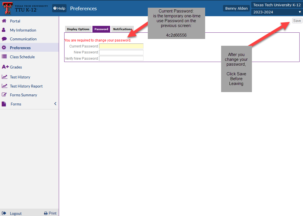 change Focus Portal page to enter new temporary password into the current password box, and create and confirm a new password.