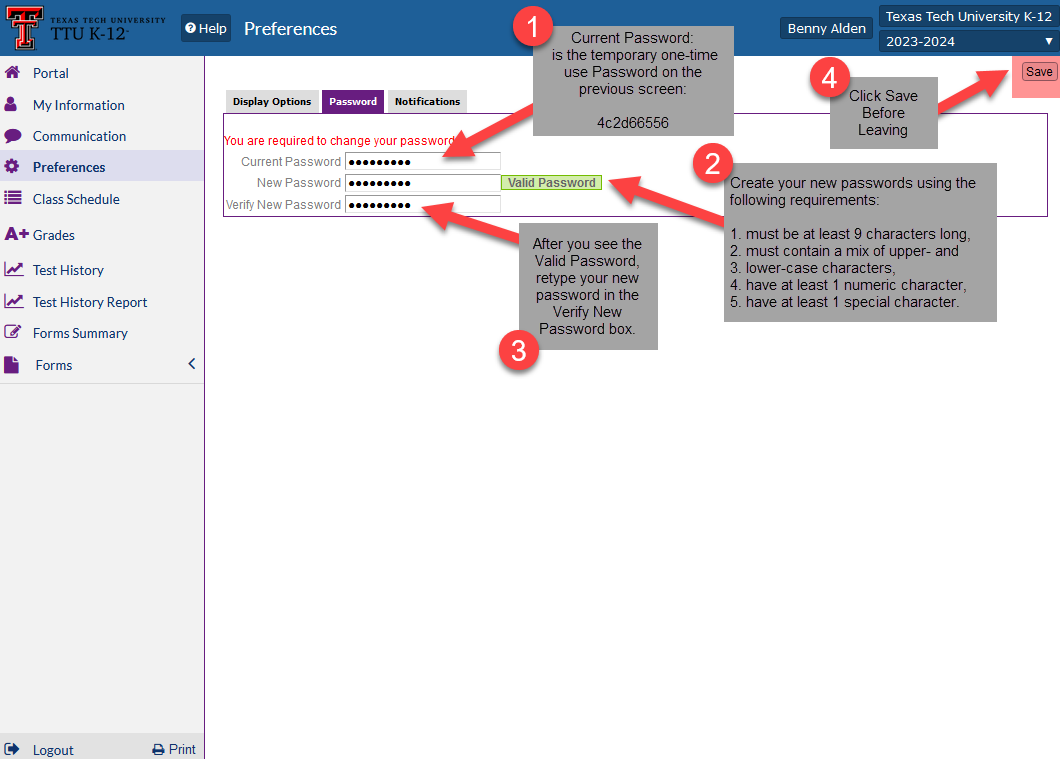 change Portal page showing Valid Password Example