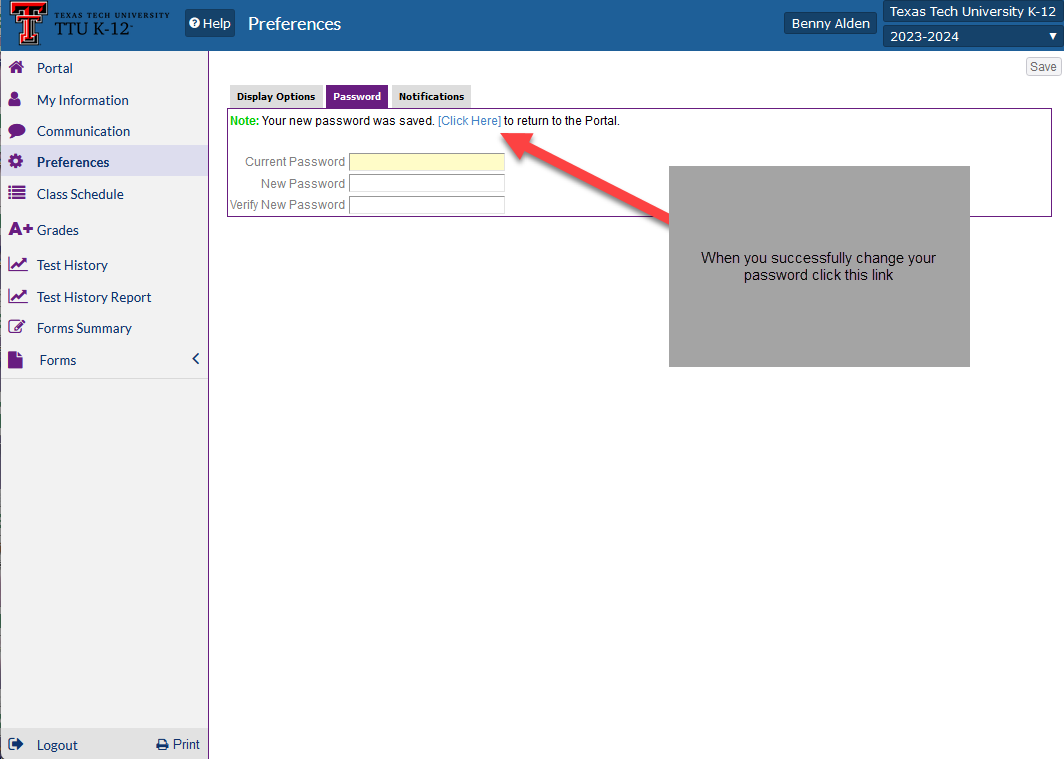 portal Portal page showing link to log back into the Focus portal after a password reset.