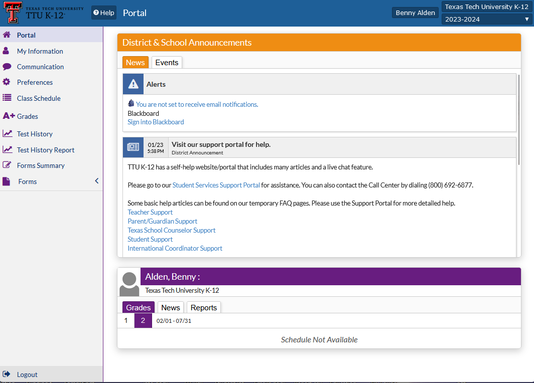 portal Example Focus Portal showing Example alerts and other student information..