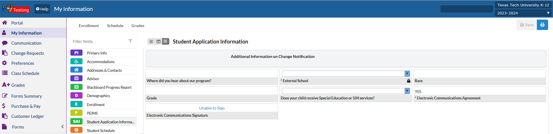 Student Application Information