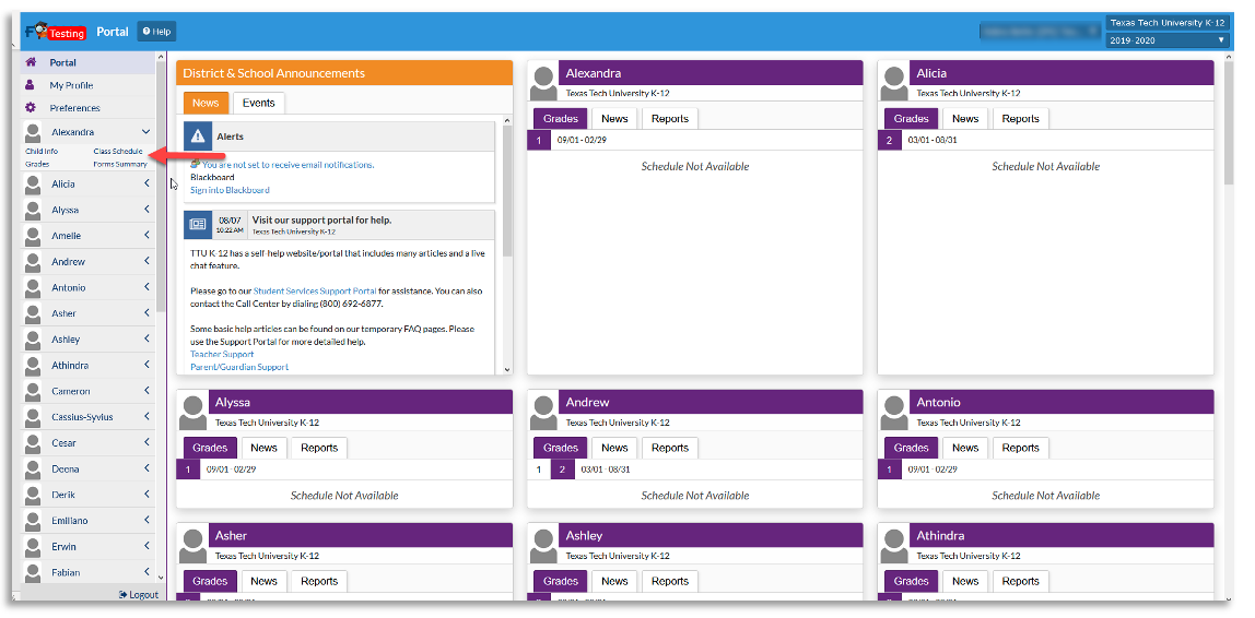 Image of TTU K-12 Portal dashboard with red arrow pointing to example of active student.