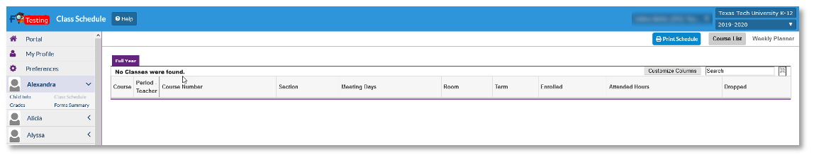 Image of Child Info displaying Class Schedule tab.