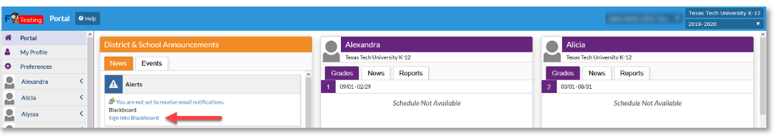 Image of  TTU K-12 Portal dashboard with red arrow pointing to "Sign into Blackboard" link.