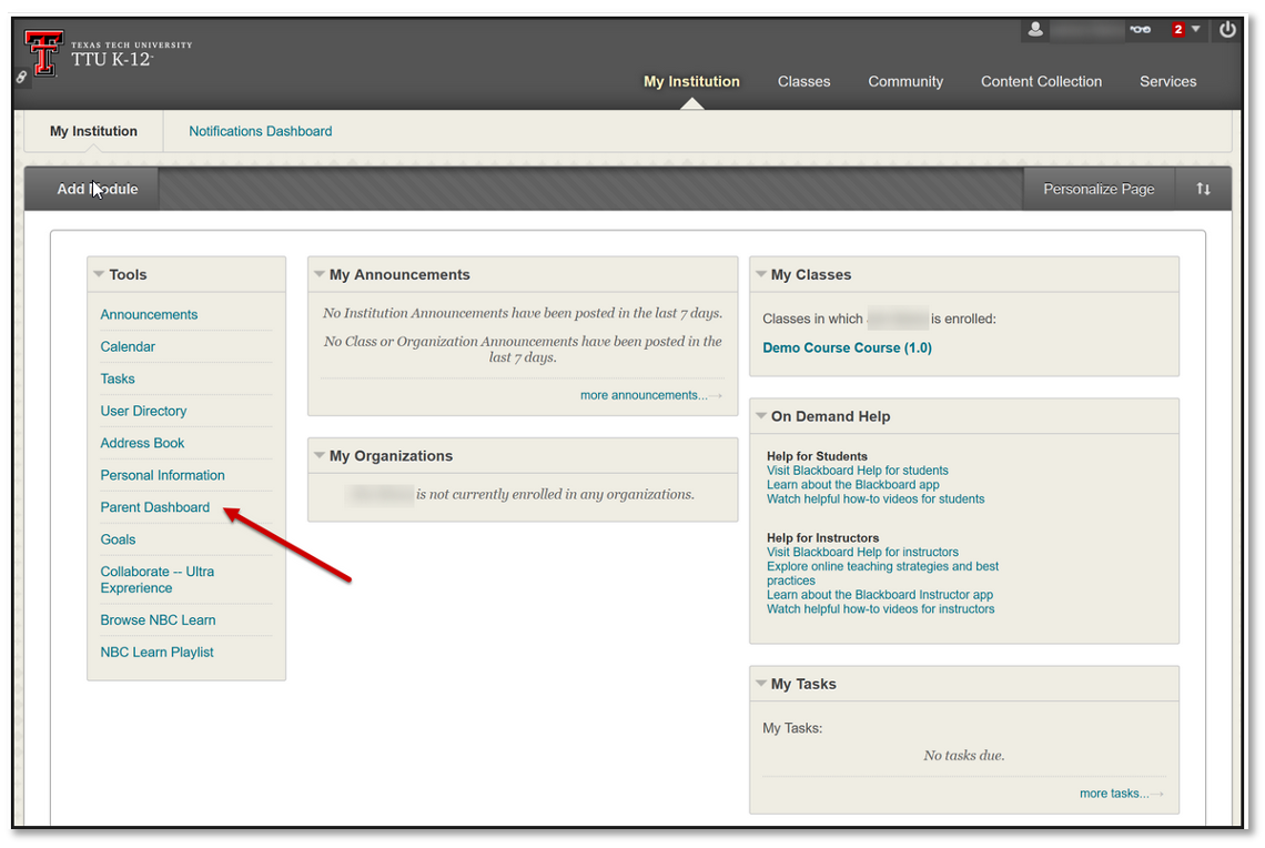 Image of Blackboard home page with red arrow pointing to Parent Dashboard link in the Tools menu.