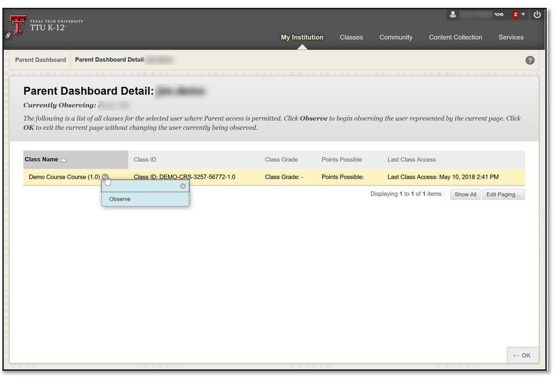 Image of Parent Dashboard Detail page displaying drop-down menu to observe a student.