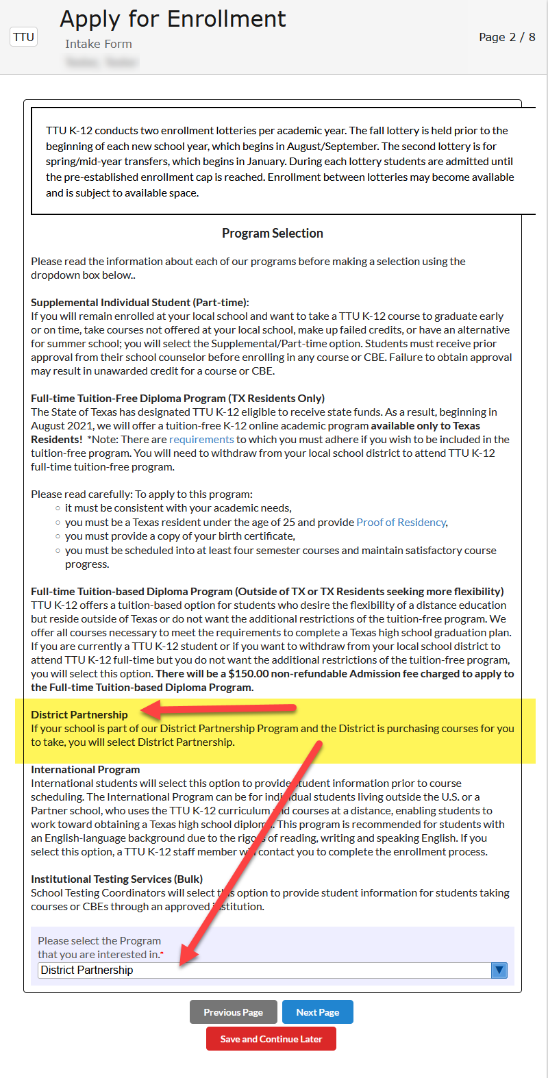 Page 2 talks about the program and which program should be selected.