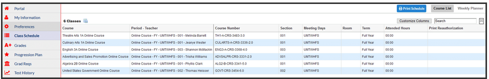 Focus Class Schedule Screen