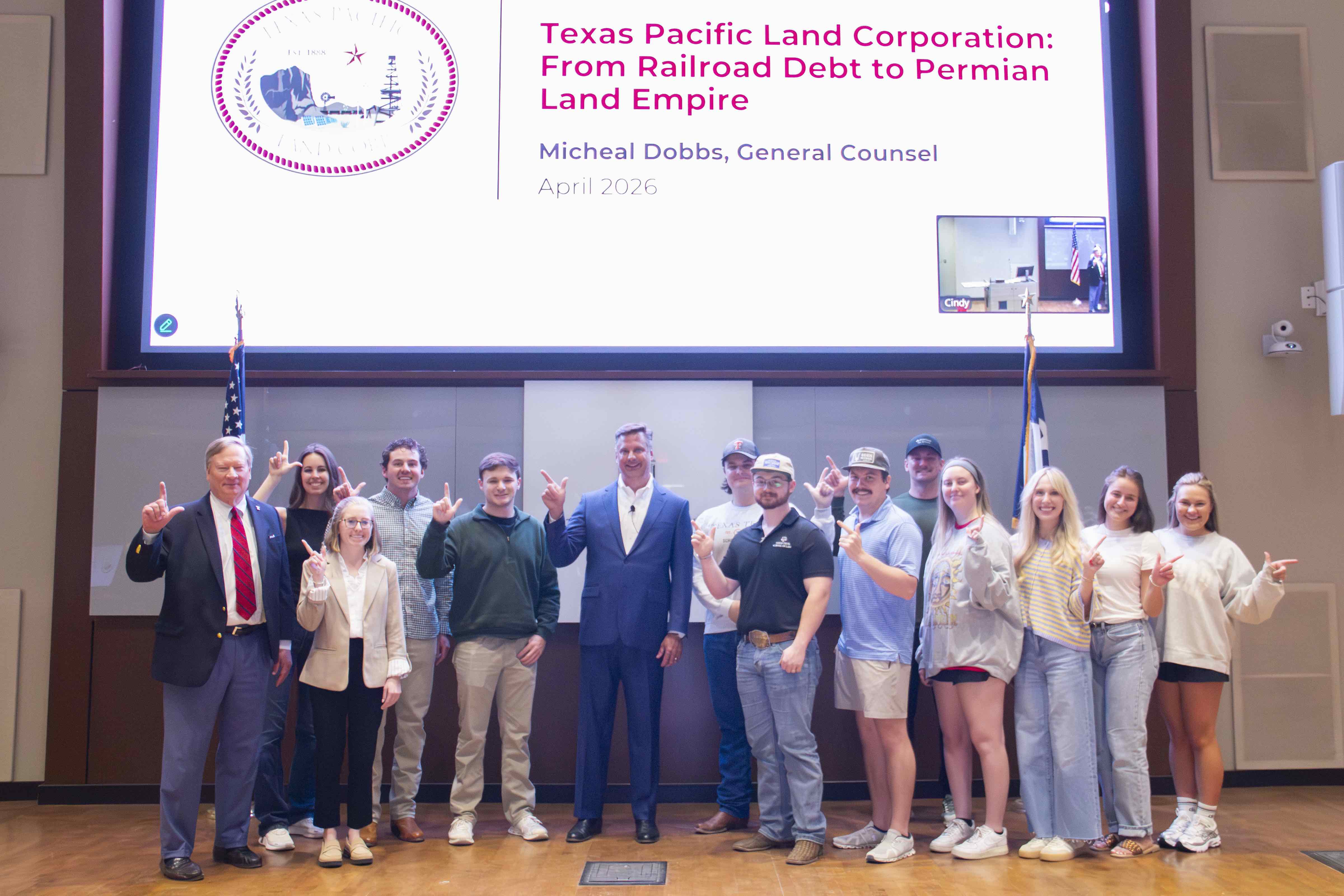 Students posing with Michael W. Dobbs before his lecture at Texas Tech.