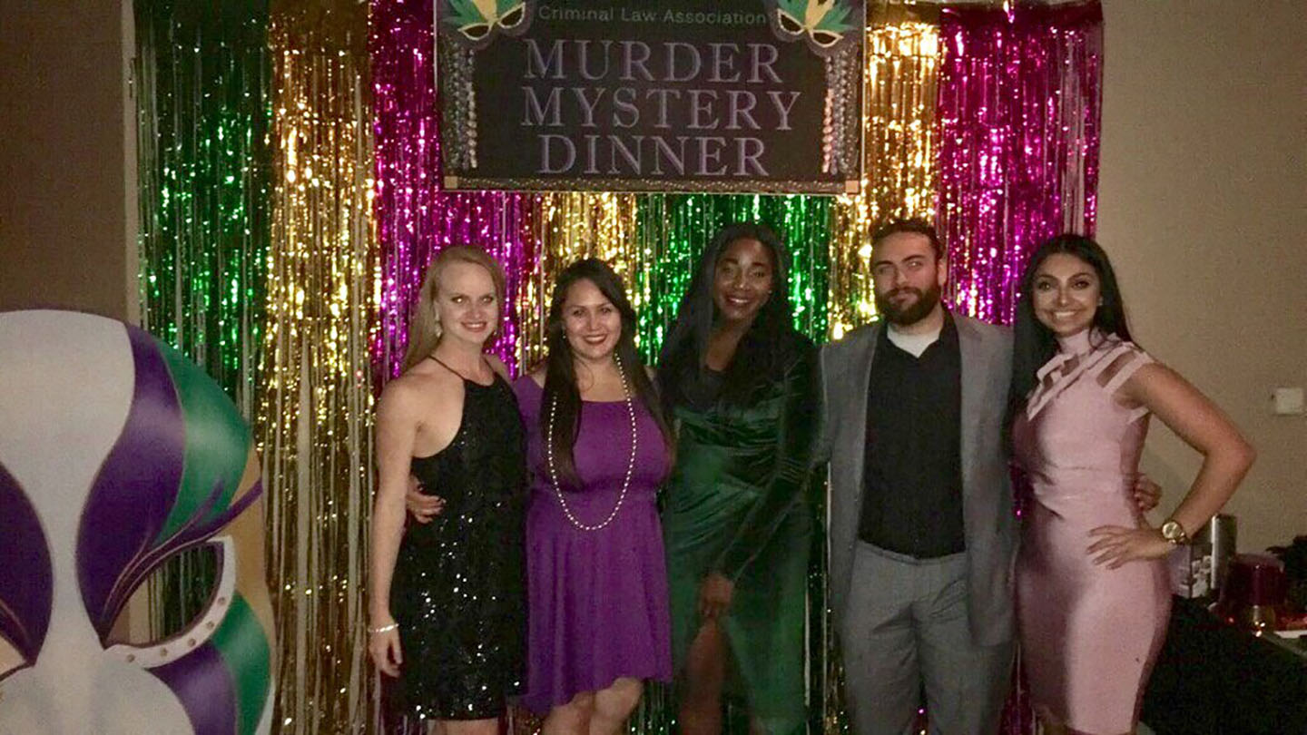 Murder Mystery Dinner & Awards Banquet 2017. From left to right: Bailey McGowan, Mercedes Torres, Andrea Nfodjo, Mario Moreno, and Rasha Zeyadeh