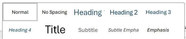 Example of Microsoft office Headings.  On the Home tab, under "styles" to edit heading types..