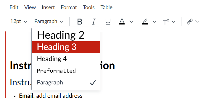 Example of where to find Canvas headings. In the editing screen, click "Paragraph" to edit heading types..