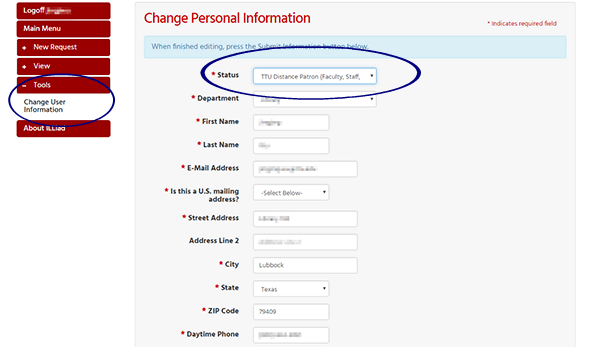 screenshot of "ILL account information" page