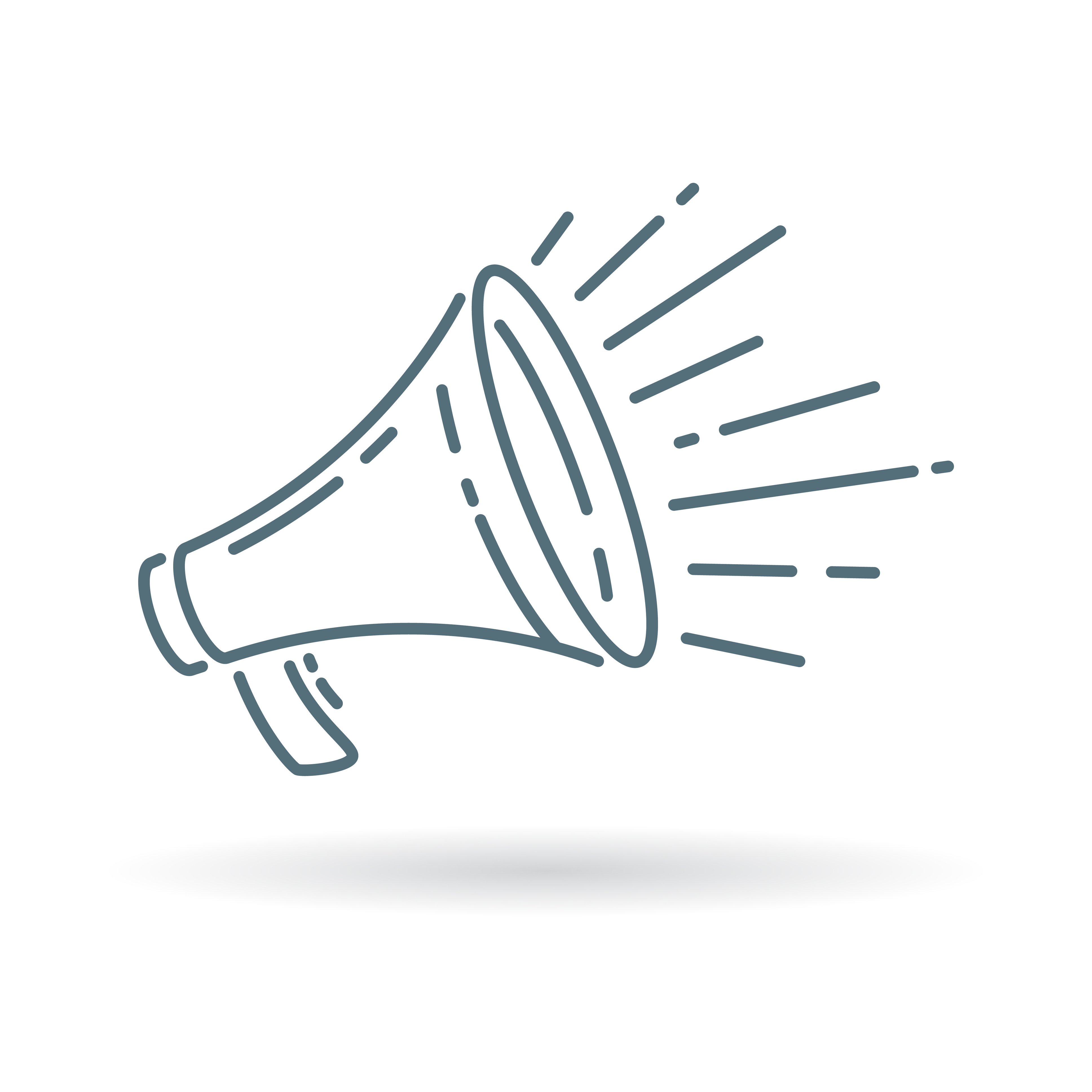 Stock image of a megaphone with hands raised in unison behind it.