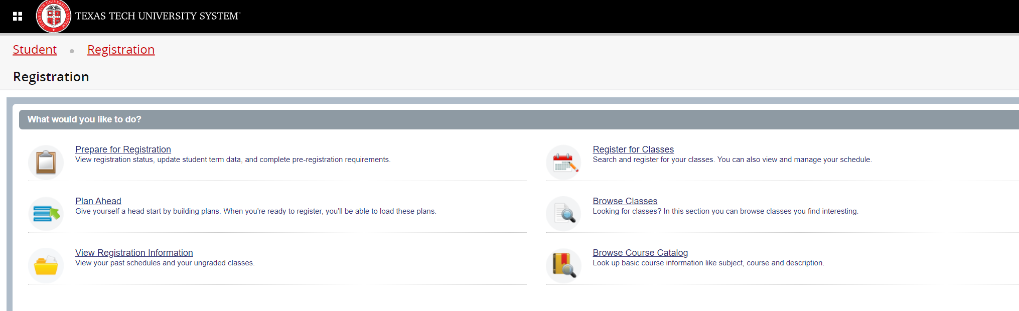 Screenshot of Student Registration Home page