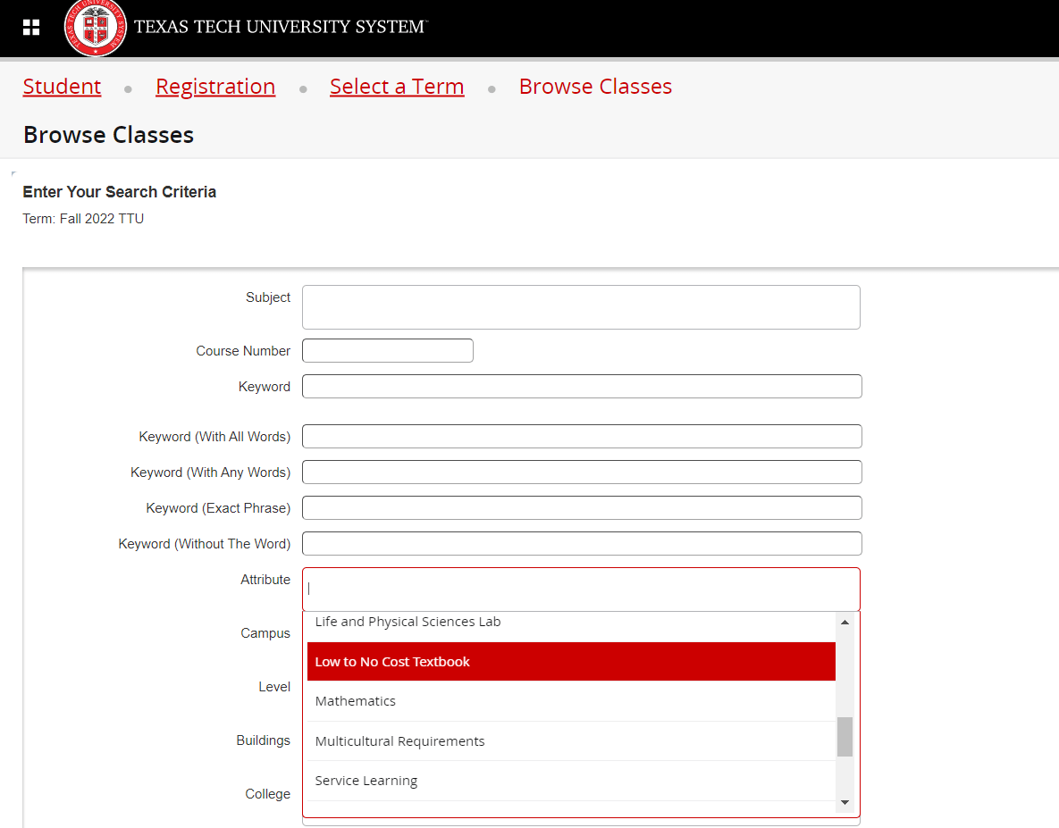 select low to no cost textbook attribute 