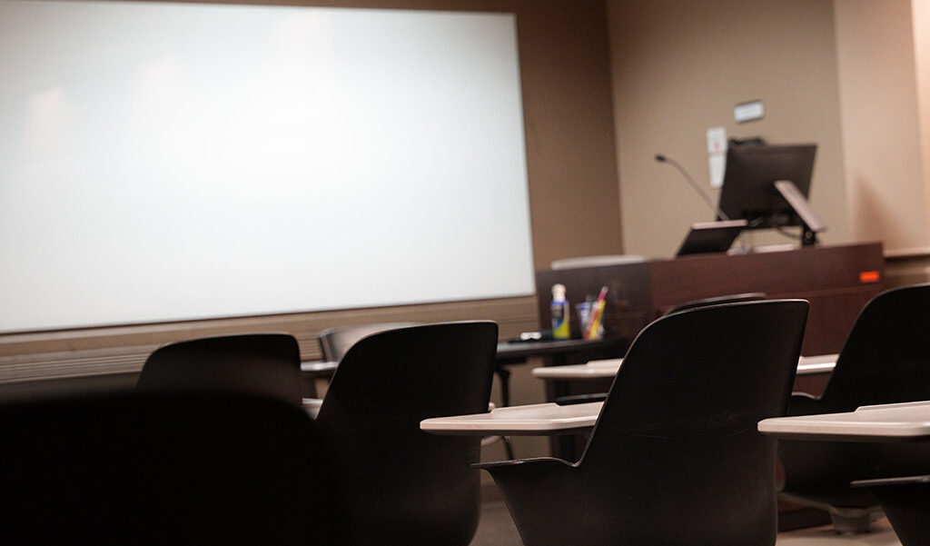 Empty Classroom 108 in the Math Building