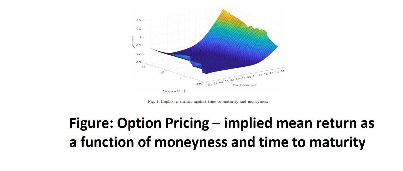 Three-dimensional option pricing surface showing implied mean return by moneyness and time to maturity