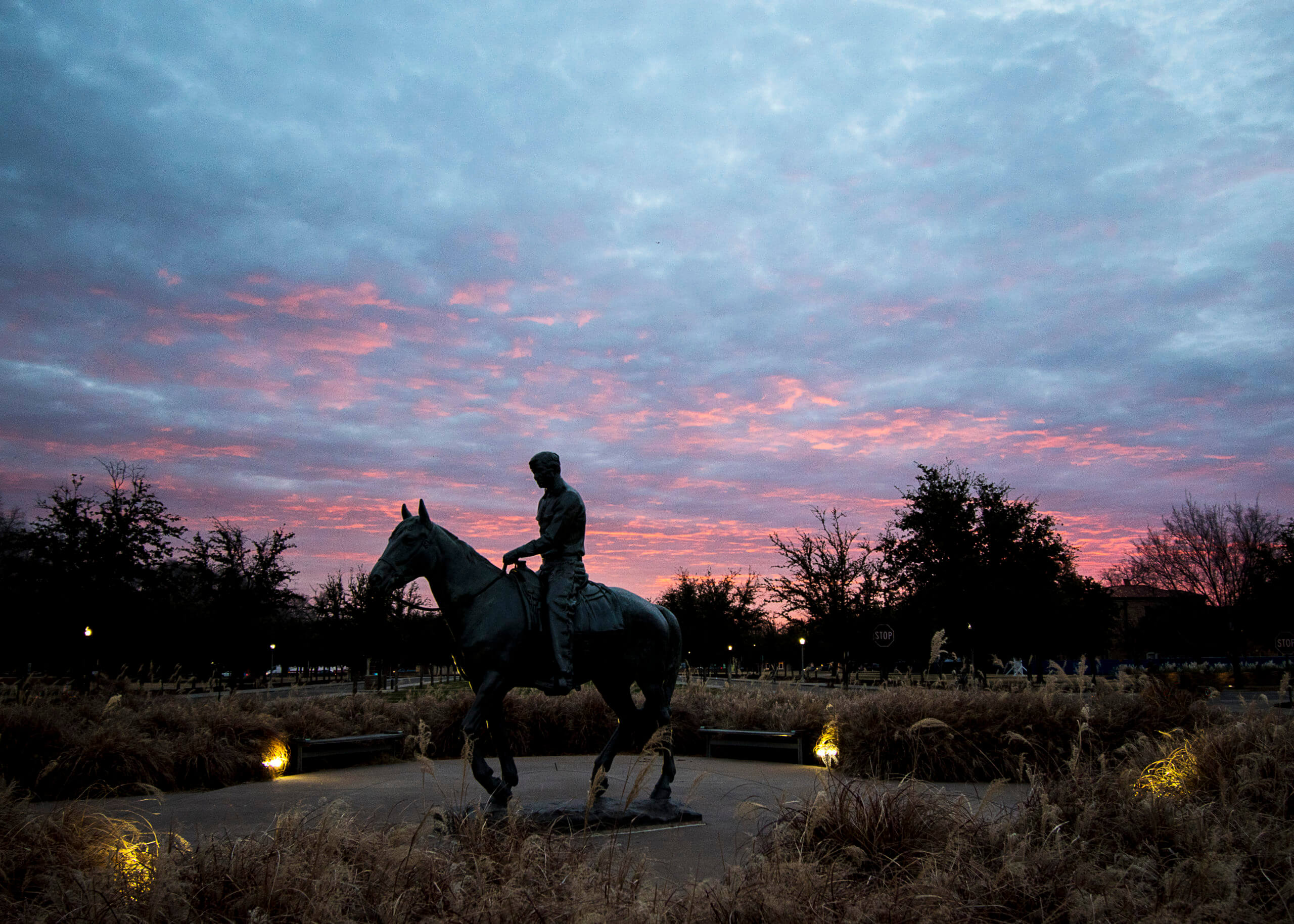 Will Rogers on Soapsuds statue just after sunset with reflective pink light on gray clouds