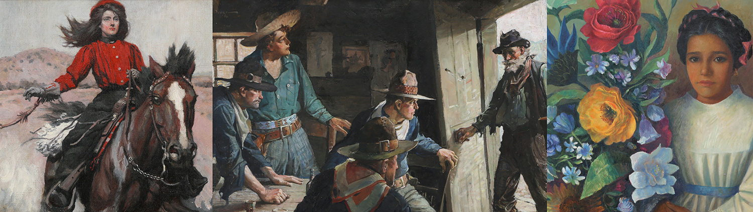 3 images - woman riding horse, men sitting at table in cowboy gear as another man walks in, young woman sitting next to large vase filled with flowers
