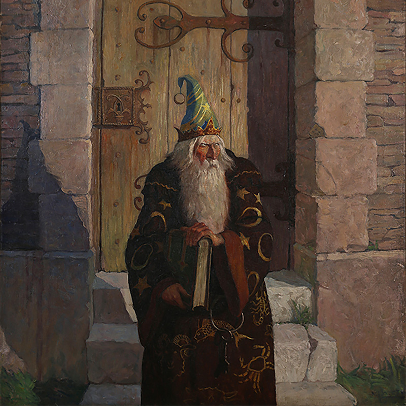 wizard in velvet and pointy hat in front of large wooden door and stone castle