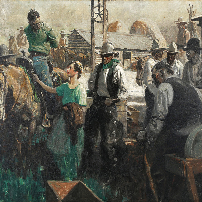 man on horse with no left arm and no right arm speaks to woman in green dress as cowboys work 