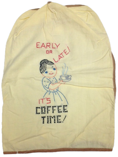 cover for coffee maker embroidered with woman and early or late it's coffee time