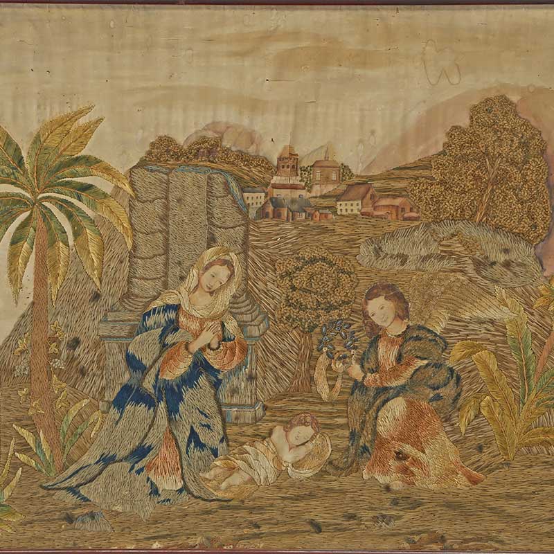 silk embroidered needlework of Pharoah's daughter rescuing Moses from the Nile