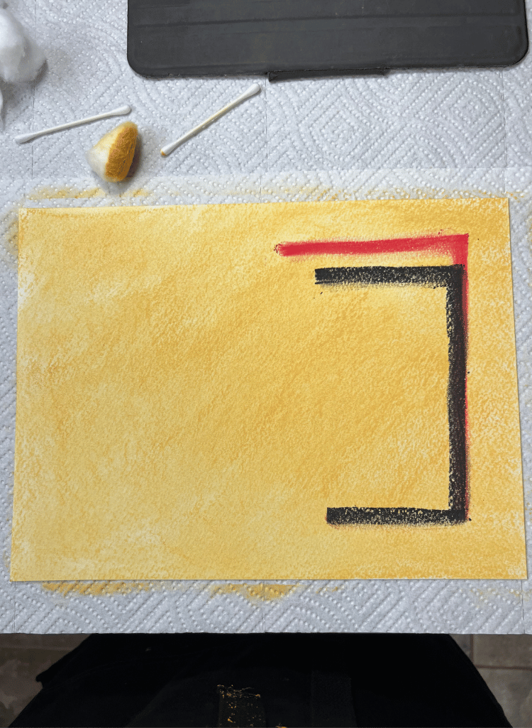 Half rectangle in red and in black on the right side of the paper Half rectangle in red and in black on the right side of the paper