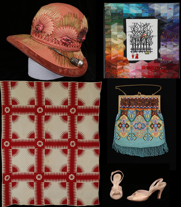 hat, quilts, purse and shoes from textile collection