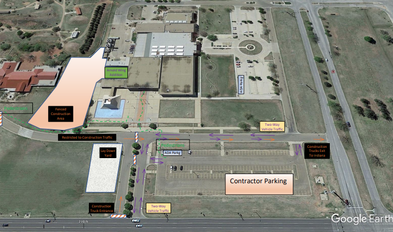 Arnold Wing Construction Map with traffic flow and parking info