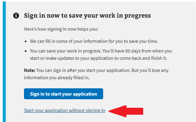 Image of which link to click to begin filling out the benefits application