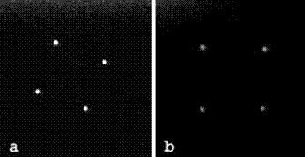 (1x1) LEED images of Si(100); (a) Shiraki clean: 26V, and (b) RCA clean: 60V.